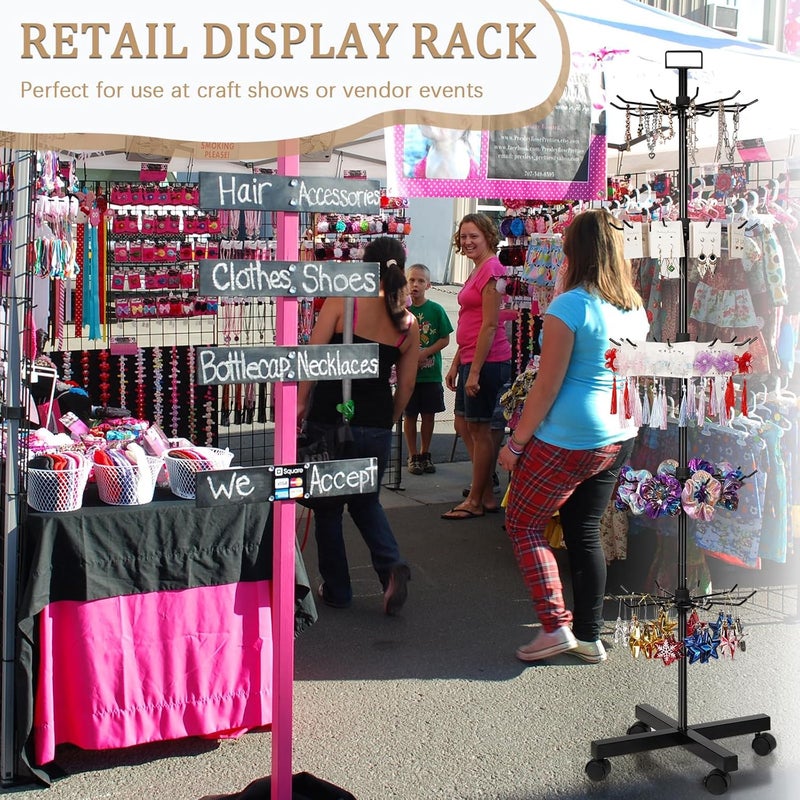 Exttlliy 5-Tier Metal Spinning Display Stand Rack with Wheels, Black Iron, 50 Hooks, Lockable Wheels, Ideal for Jewelry, Accessories, Foods - Image 5